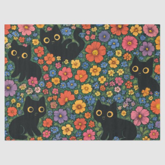 Kawaii Garden Art – Cute Black Cat Floral Pattern 薄葉紙 (正面)