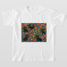 Kawaii Garden Art | Cute Black Cat Floral Pattern Tシャツ