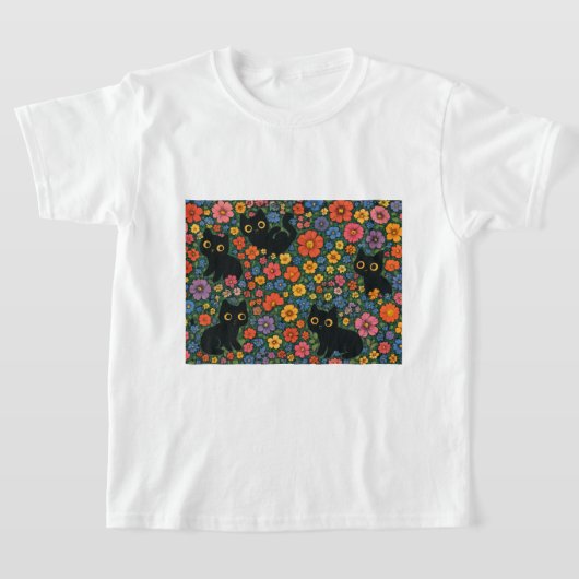 Kawaii Garden Art | Cute Black Cat Floral Pattern Tシャツ (レイダウン)