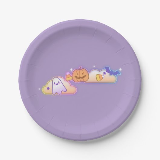 Kawaii Ghost, Pumpkin & Bat Halloween Paper Plate ペーパープレート (正面)