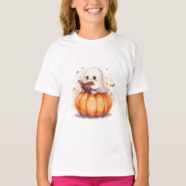 Kawaii Ghost Reading on Pumpkin – Cute Halloween Tシャツ