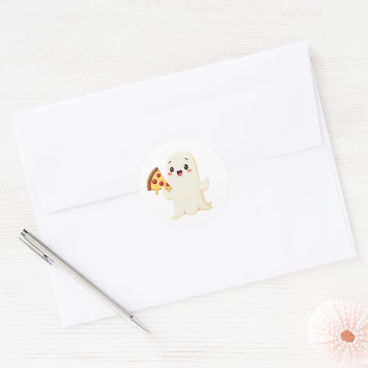 Kawaii Ghost with Pizza ラウンドシール (封筒)