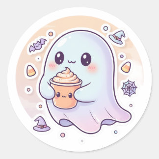 Kawaii Ghost with Pumpkin Latte – Cute Halloween S ラウンドシール