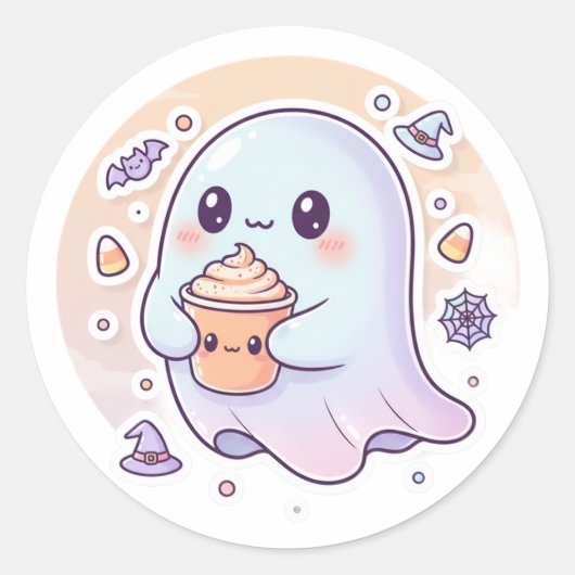Kawaii Ghost with Pumpkin Latte – Cute Halloween S ラウンドシール (正面)