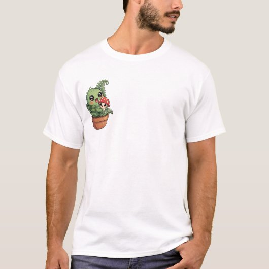 Kawaii Green Moss Creature Hugging Little Mushroom Tシャツ (正面)