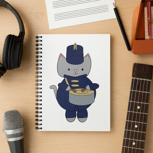 Kawaii Grey Cat Marching Band Drummer Illustration ノートブック