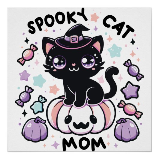 Kawaii Halloween Cat – Cute Witch Kitty on Pumpkin ポスター (正面)
