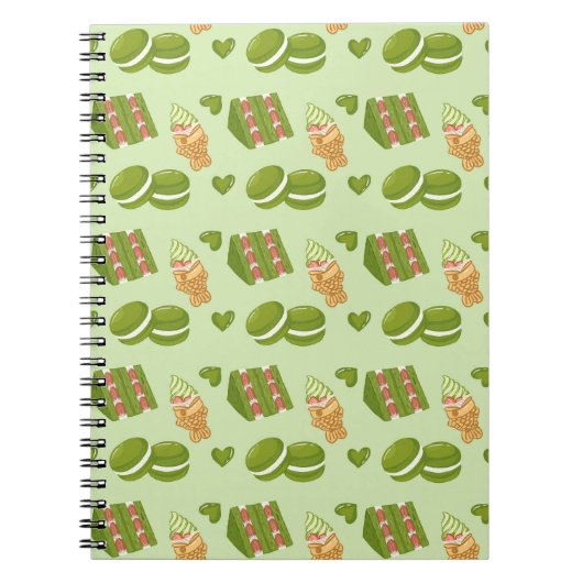Kawaii Hand-Drawn Matcha Sweets Seamless Pattern ノートブック (正面)