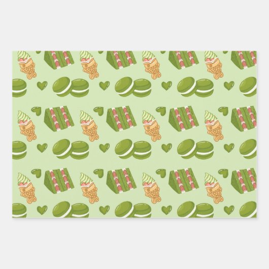 Kawaii Hand-Drawn Matcha Sweets Seamless Pattern ラッピングペーパーシート (正面)