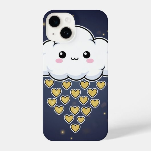 Kawaii Happy Cloud Gold Hearts Blue iPhoneケース (裏面)