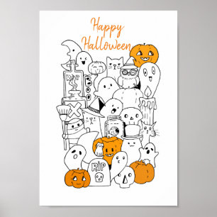 Kawaii Happy Halloween Doodle ポスター