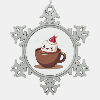 Kawaii Hot Cocoa Mug Smiling Marshmallow Art スノーフレークピューターオーナメント