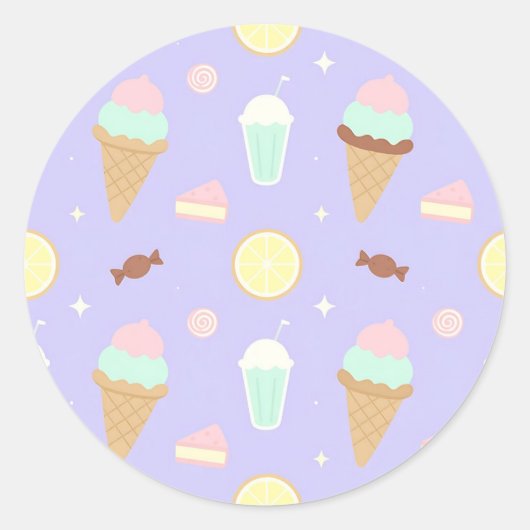 Kawaii Ice Cream Sweets Pattern ラウンドシール (正面)