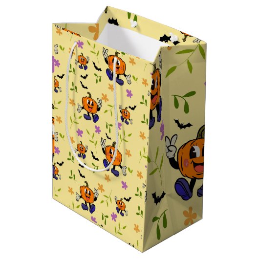 Kawaii Jack-o’-Lantern with Flowers and Bats ミディアムペーパーバッグ (裏面アングル)