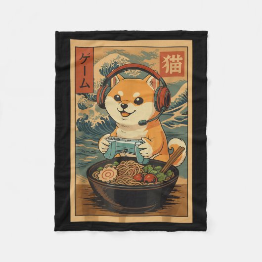 Kawaii Japanese Ramen Dog Retro Gaming Shirts For  フリースブランケット (正面)