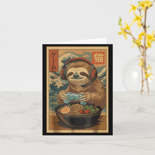 Kawaii Japanese Ramen Sloth Retro Gaming Shirts Fo カード (黄色い花)
