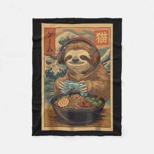 Kawaii Japanese Ramen Sloth Retro Gaming Shirts Fo フリースブランケット (正面)