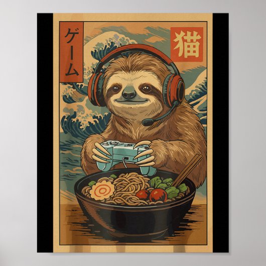 Kawaii Japanese Ramen Sloth Retro Gaming Shirts Fo ポスター (正面)