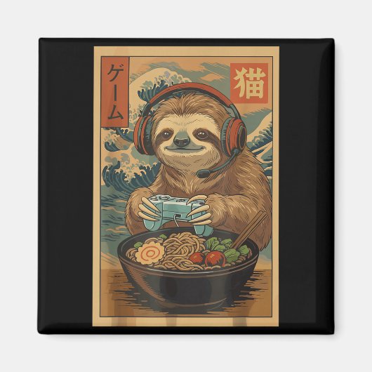 Kawaii Japanese Ramen Sloth Retro Gaming Shirts Fo マグネット (正面)