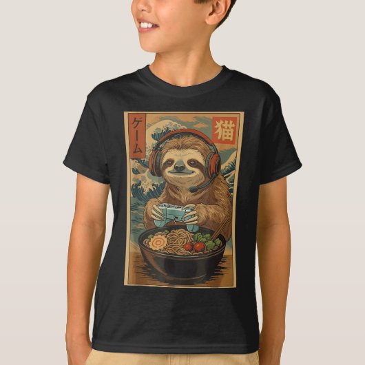 Kawaii Japanese Ramen Sloth Retro Gaming Shirts Fo Tシャツ (正面)