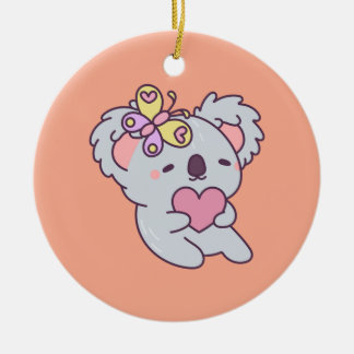 Kawaii Koala with Heart and Butterfly セラミックオーナメント