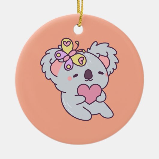 Kawaii Koala with Heart and Butterfly セラミックオーナメント (正面)