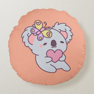 Kawaii Koala with Heart and Butterfly ラウンドクッション
