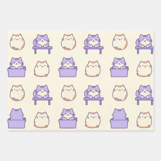 Kawaii Lavender Cat Chonky Wrapping Paper Bundle ラッピングペーパーシート (正面)