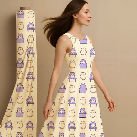 Kawaii Lavender Chonky Cat Pastel Cute Fabric Prin ファブリック