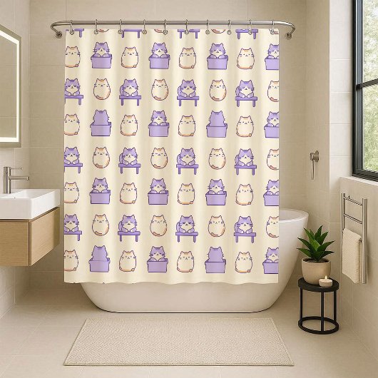Kawaii Lavender Chonky Cat Pastel Shower Curtain シャワーカーテン