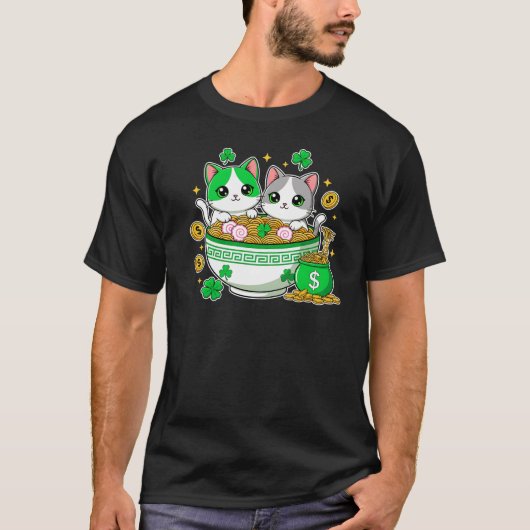 Kawaii Lucky Cats Ramen St Patricks Day Art Tシャツ (正面)