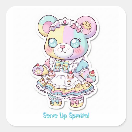 Kawaii Maid Bear & Cake 🎂 Personalized Bear スクエアシール (正面)