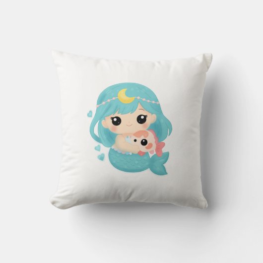 Kawaii Mermaid Throw Pillow – Cute Ocean Art with  クッション (正面)