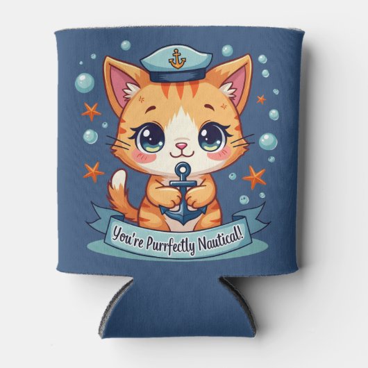 Kawaii Nautical Cat Sailing Anchor Pun 缶クーラー (正面)