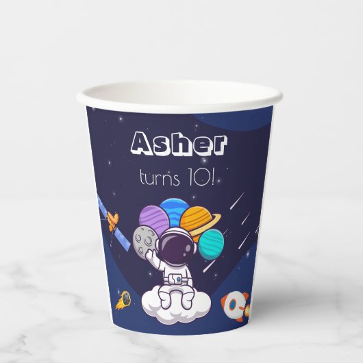 Kawaii navy blue space astronaut theme party  紙コップ (正面)