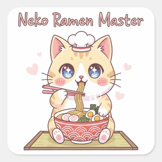 Kawaii Neko Ramen Master Cute Cat Food Chef スクエアシール (正面)
