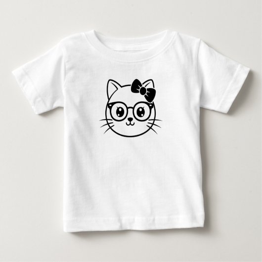 Kawaii Nerdy Cat Face with Glasses and Bow Line Ar ベビーTシャツ (正面)