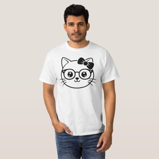 Kawaii Nerdy Cat Face with Glasses and Bow Line Ar Tシャツ (正面フル)