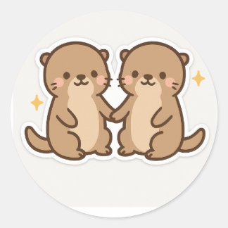 Kawaii Otters Holding Hands Sticker ラウンドシール