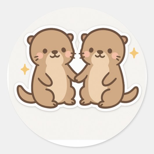 Kawaii Otters Holding Hands Sticker ラウンドシール (正面)