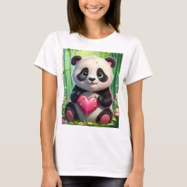 Kawaii Panda Holding Heart in a Bamboo Forest Tシャツ