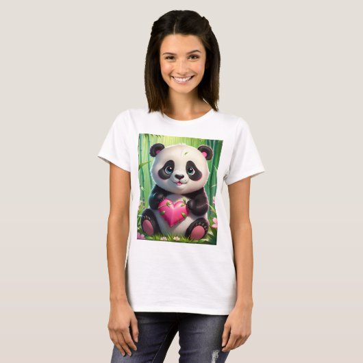 Kawaii Panda Holding Heart in a Bamboo Forest Tシャツ (正面フル)