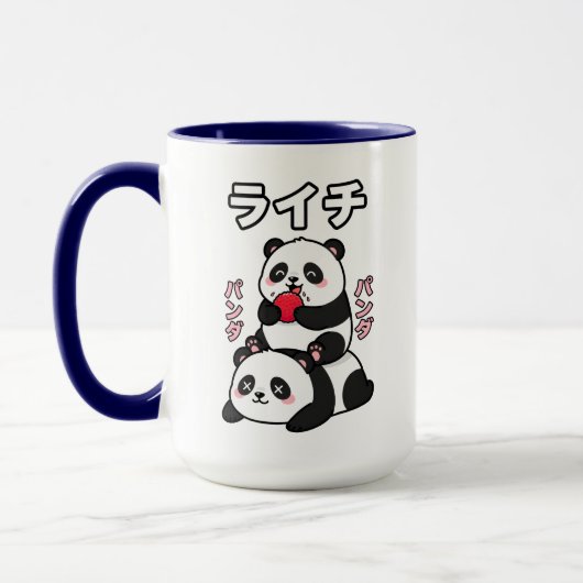 Kawaii Panda Stack Lychee Fruit Japanese Cartoon マグカップ (左)