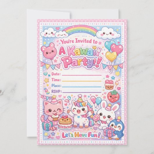 Kawaii Party Invitation – Cute Pastel Birthday  招待状 (正面)
