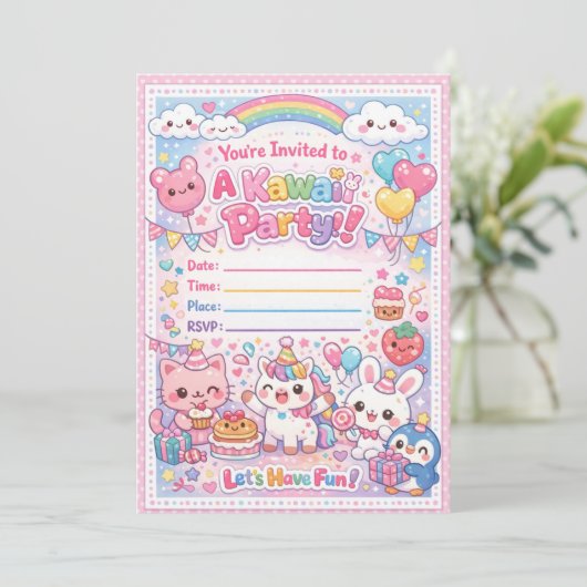 Kawaii Party Invitation – Cute Pastel Birthday 招待状 (スタンド正面)