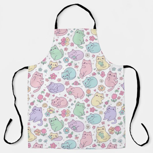 Kawaii Pastel Cats and Flowers Pattern  エプロン (正面)