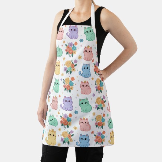 Kawaii Pastel Cats and Flowers Pattern Apron エプロン (インサイチュ)