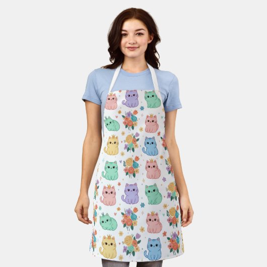 Kawaii Pastel Cats and Flowers Pattern Apron エプロン (着用した状態)