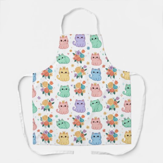 Kawaii Pastel Cats and Flowers Pattern Apron エプロン (正面)