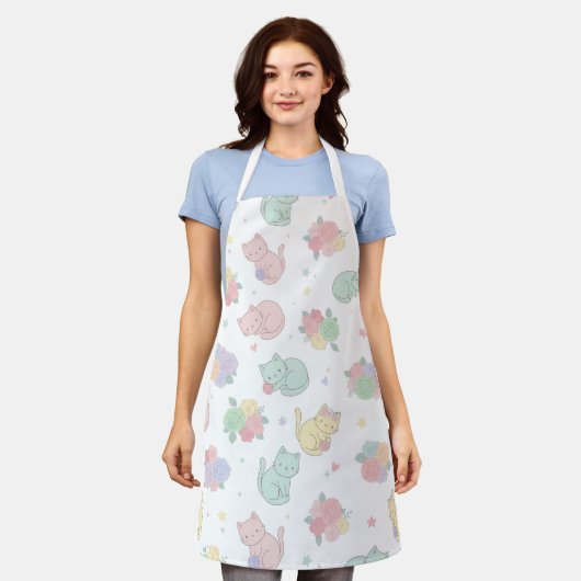 Kawaii Pastel Cats and Flowers Pattern Apron エプロン (着用した状態)